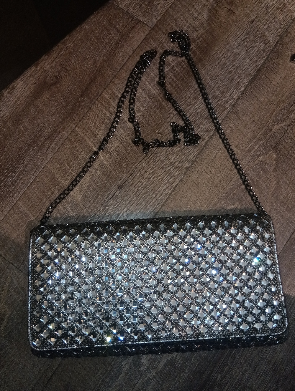 Starlet Crystal Embellished Evening Clutch - Gunmetal Chain Crossbody Bag